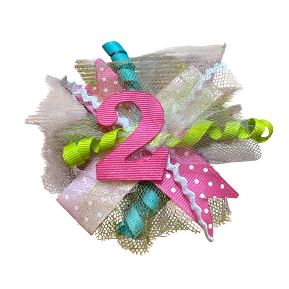 Hair Clip Kids Pink Green Number 2 Birthday Ribbon Bow SIZE OS